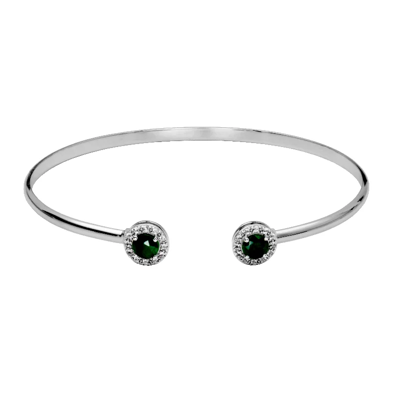 Coiled cord bangles-Silver Birthstone Cuff Bracelet- Dyed Green Corundum Emerald