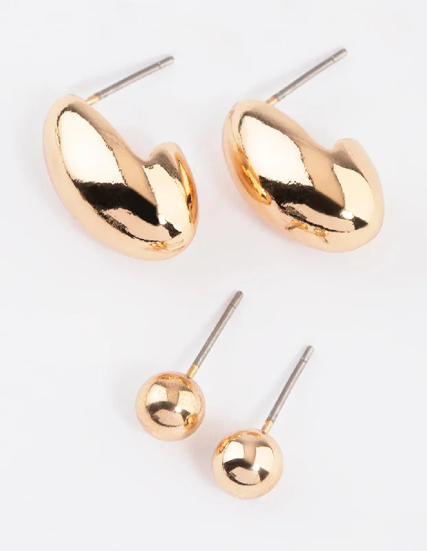 Curved design earrings-Gold Small Oval Stud Earring Pack