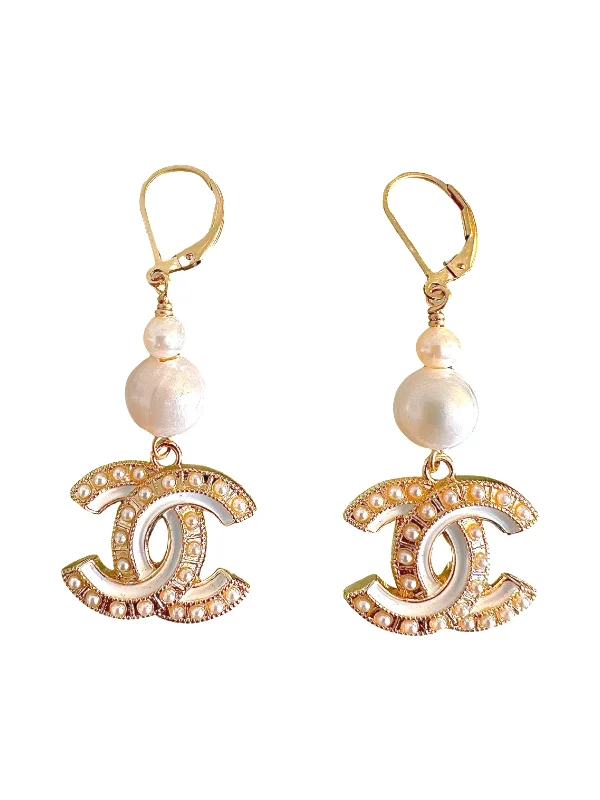 Layered tier earrings-CC Cutout White Pearl Dangle Earrings