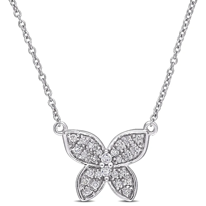 Topaz necklaces-Miadora 10k White Gold 1/8ct TDW Diamond Cluster Butterfly Necklace - 11 mm x 17 inch x 13.6 mm - 11 mm x 17 inch x 13.6 mm