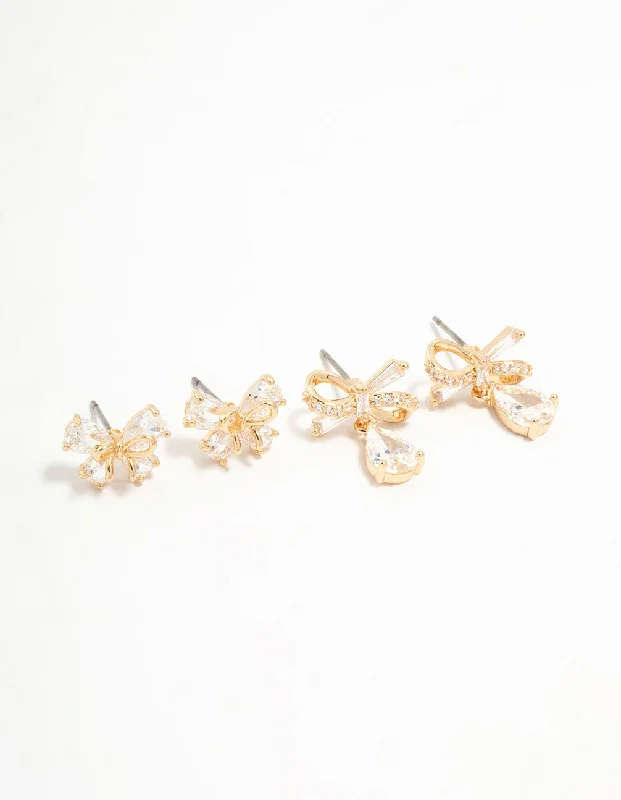 Pure gem earrings-Gold Cubic Zirconia Bow Stud Earrings 2-Pack