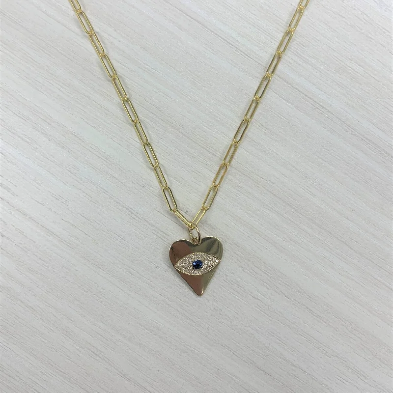 Multi-layer necklaces-Joelle Sapphire & Diamond Evil Eye Heart Necklace 14K Yellow Gold on 18-inch Paperclip Chain