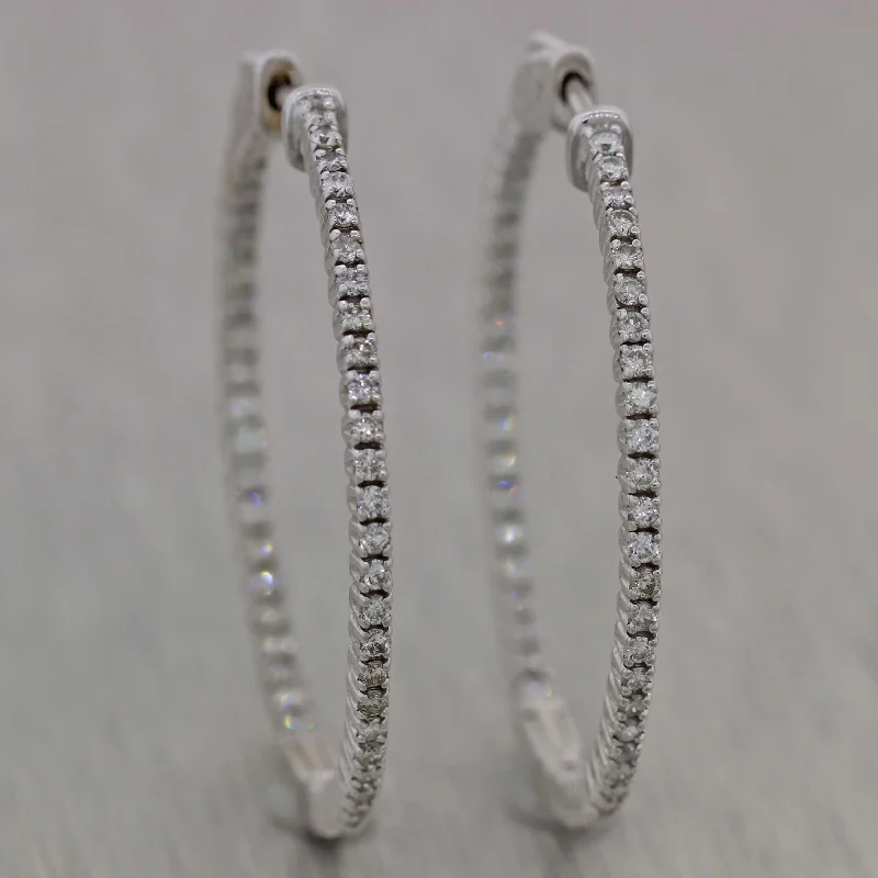 Topaz stud earrings-Modern Thin 14k White Gold 1.23ctw Diamond In & Out Hoop Earrings