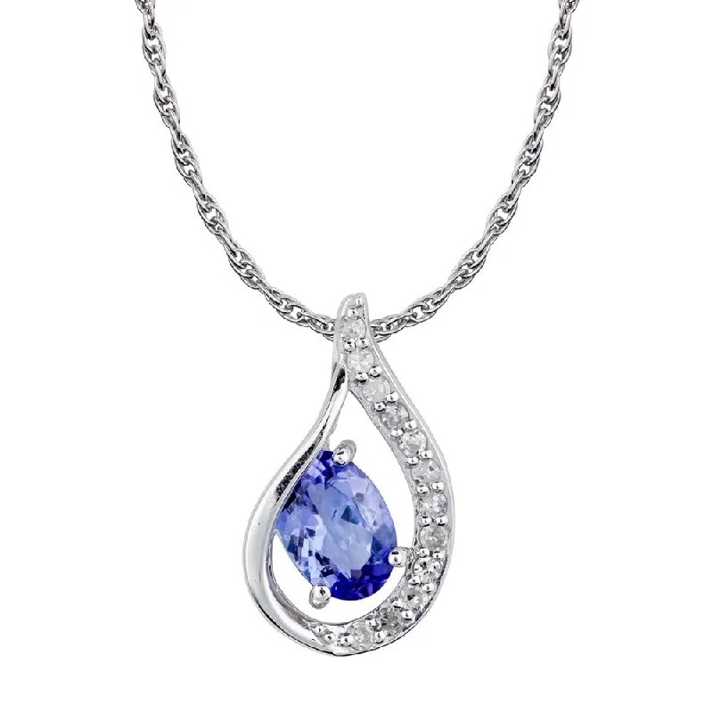 Pure crystal necklaces-Viducci 10k White Gold Genuine Oval Tanzanite and Diamond Halo Drop Pendant Necklace