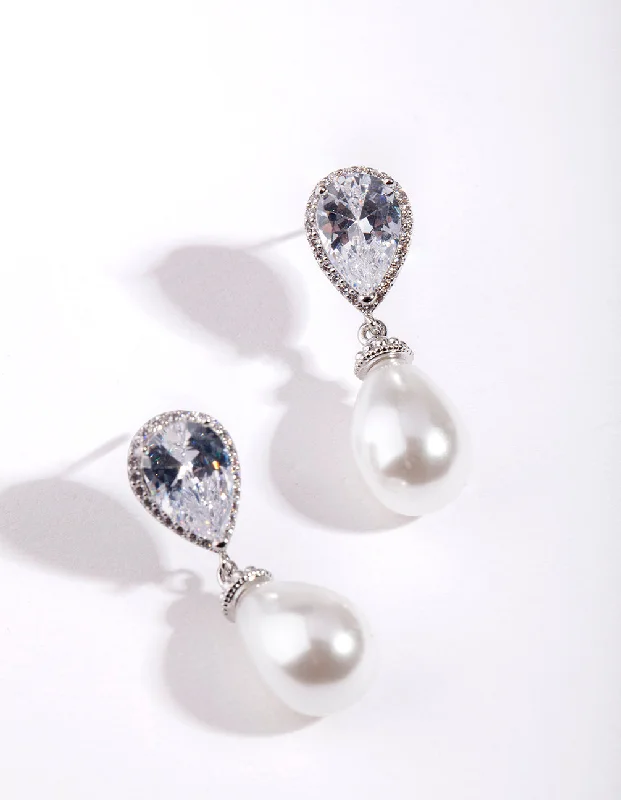 Topaz stud earrings-Silver Diamond Simulant Pearl Drop Earring