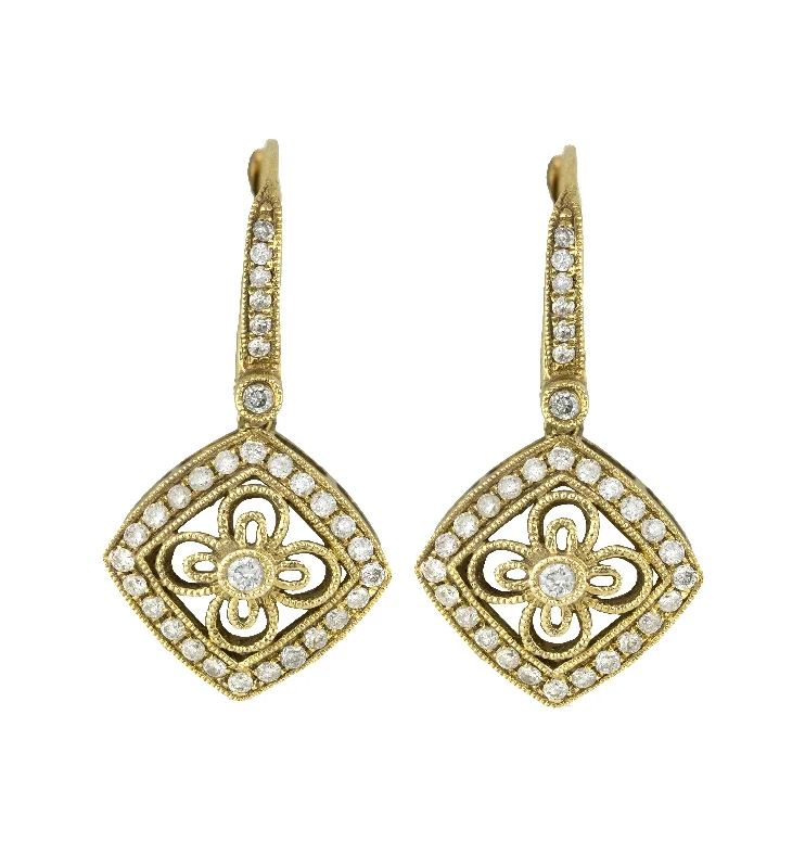 Wide bar earrings-Ladies 14K Yellow Gold 0.62ctw Diamond Milgrain Floral Drop Dangle Earrings