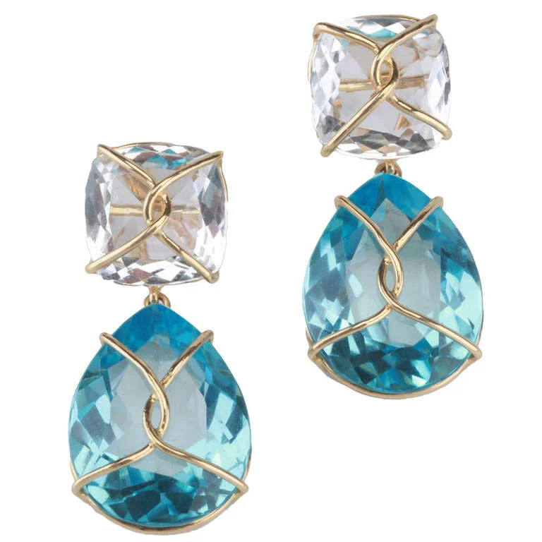 Bead weave earrings-18kt Yellow gold Wrapped Drop Earrings with Rock Crystal and Blue Topaz