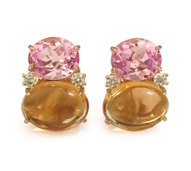 Light wood earrings-Large GUM DROP™ Earrings with Pink Topaz and Cabochon Citrine and Diamonds