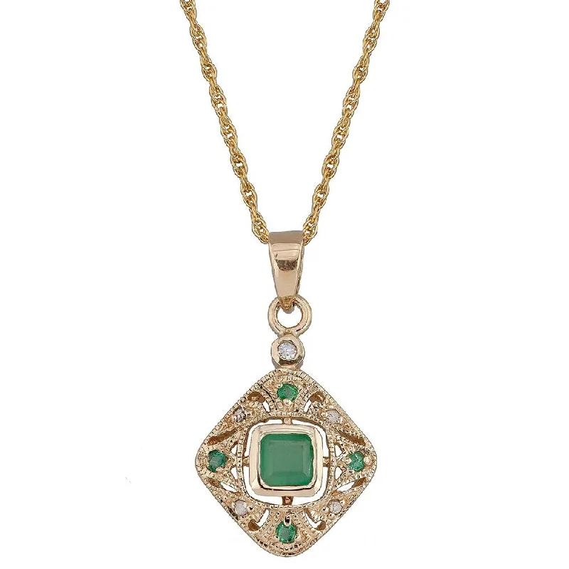 Tarnished silver necklaces-Viducci 10k Yellow Gold Vintage Style Emerald and Diamond Necklace