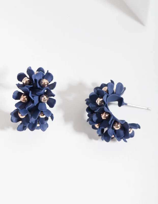 Cotton cord earrings-Blue Mini Cluster Flower Hoop Earrings