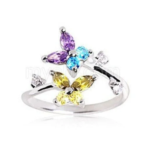 Wide band engagement rings-.925 Sterling Silver Multi Color CZ Butterflies Toe Ring