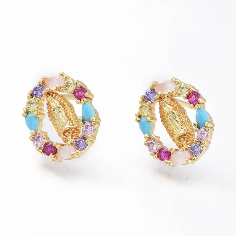 Wide hoop earrings-Virgin Mary Multi-Color Crystal Gold Earrings