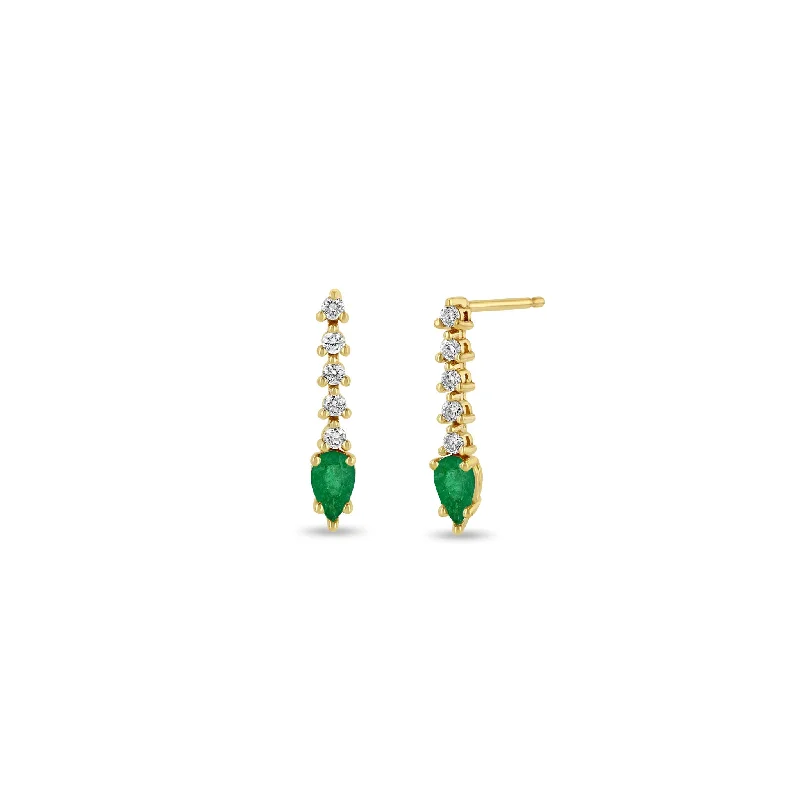 Trekker braid earrings-14k Diamond Tennis with Pear Emerald Short Drop Earrings