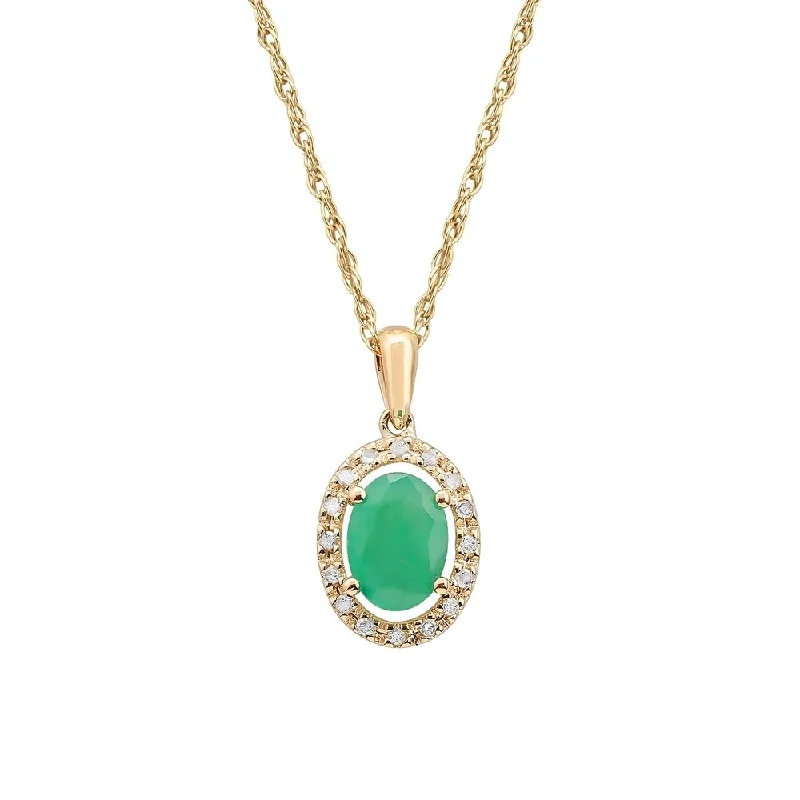 Bead braid necklaces-Viducci 10k Yellow Gold Oval Genuine Emerald and Diamond Halo Necklace