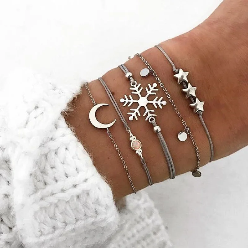 Wide geometric bangles-(2019 Spring collection) Bohemian Star Moon Snowflake Opal Bracelet Set