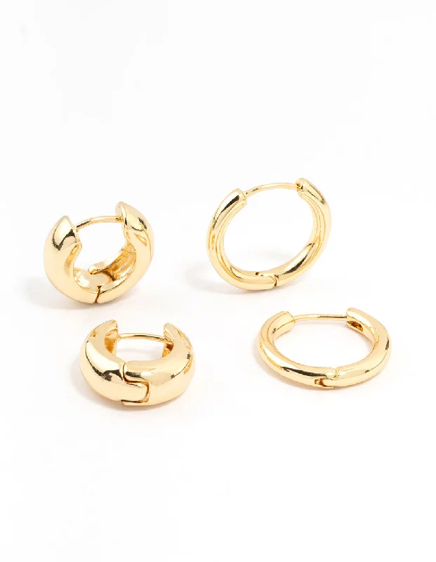 Thin threader earrings-Gold Plated Thick & Thin Huggie Earrings 2-Pack