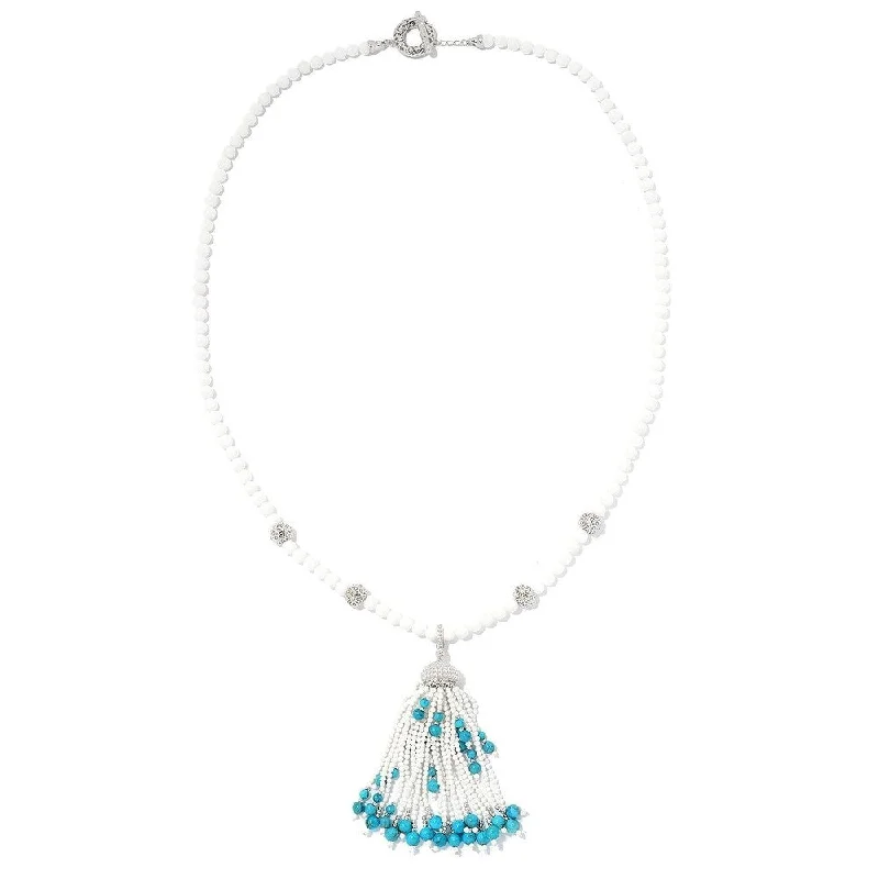 Shiny gold necklaces-Sterling Silver White Agate & Turquoise Gemstone Tassel Enhancer Pendant w/ 30" Bead Necklace