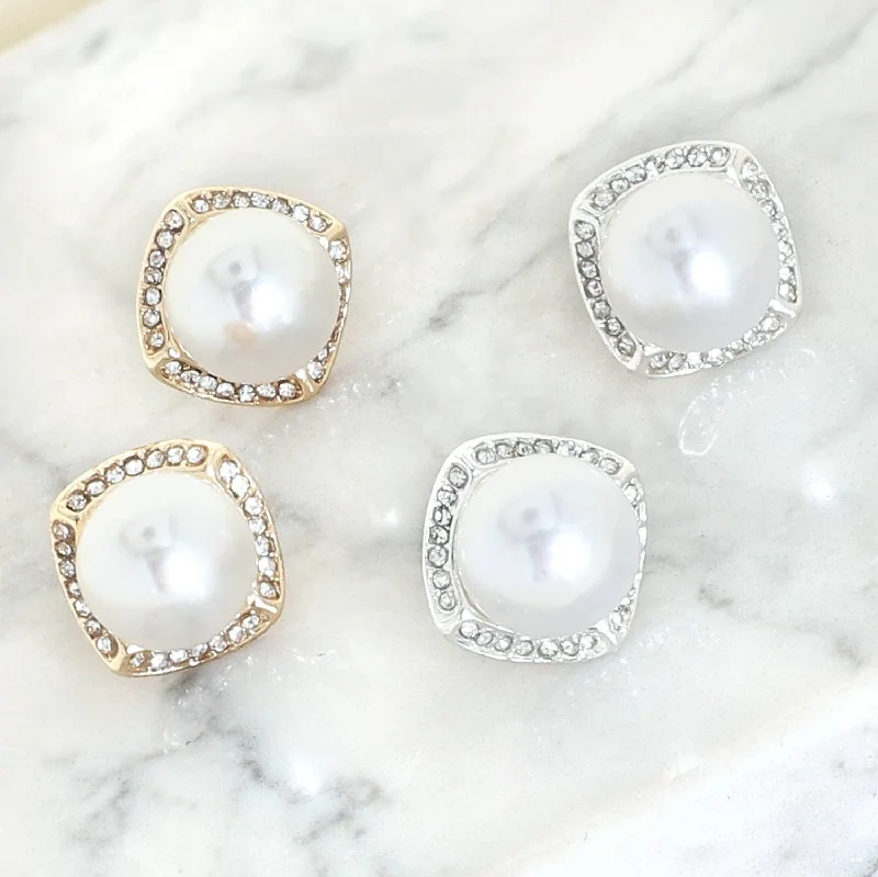 Layered drop earrings-Vintage Style Pearl w/ Rhinestone Halo Gold Stud Earrings