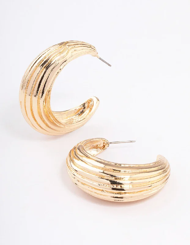 Alloy metal earrings-Gold Textured Puffy Hoop Earrings