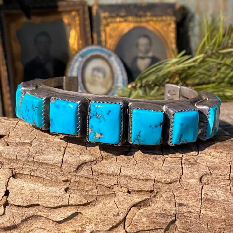 Silk tassel bangles-Signed Navajo Rectangular Turquoise Row Bracelet Sterling