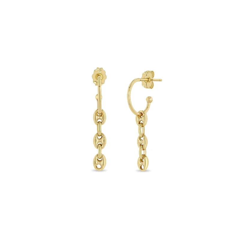 Textured disc earrings-14k Dangling Puffed Mariner Chain Thin Huggie Hoops