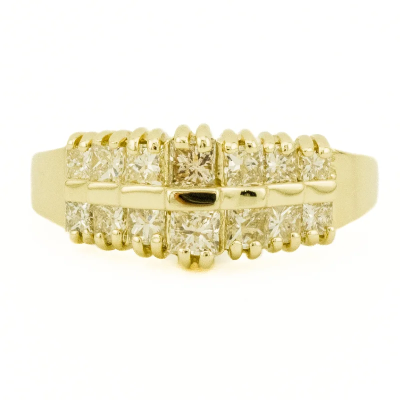 Pear cut engagement rings-0.92ctw Princess Cut Diamond Accented Cluster Ring in 14K Yellow Gold - Size 6.75