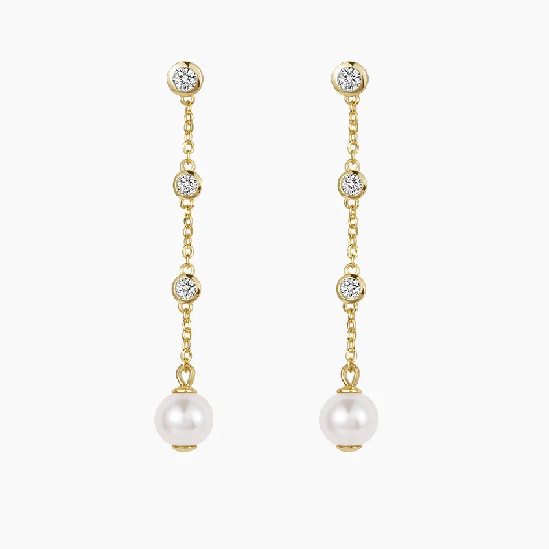 Bright stud earrings-14K Gold Plated Pearl Chain Dangle Earrings