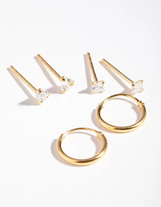 Half moon earrings-Gold Plated Sterling Silver Cubic Zirconia Stud Hoop Earring Pack