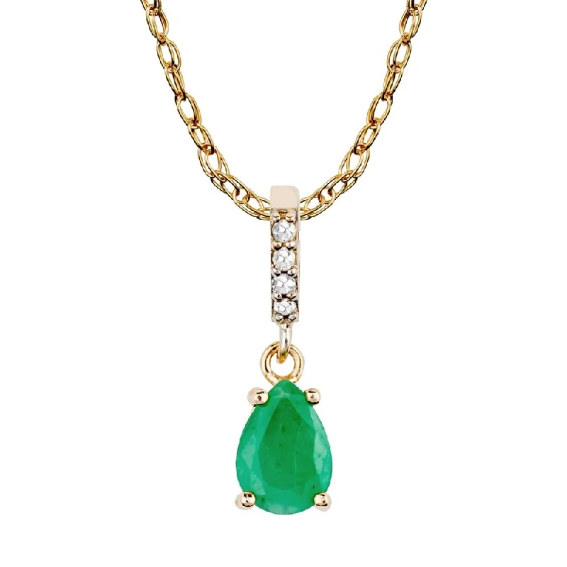 Dove feather necklaces-Viducci 10k Yellow Gold Genuine Pear-Shape Emerald and Diamond Drop Pendant Necklace