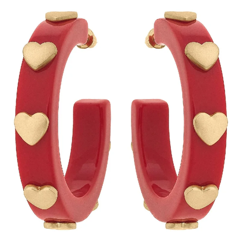 Half moon earrings-Canvas Style - Libby Heart Resin Hoop Earrings: Red