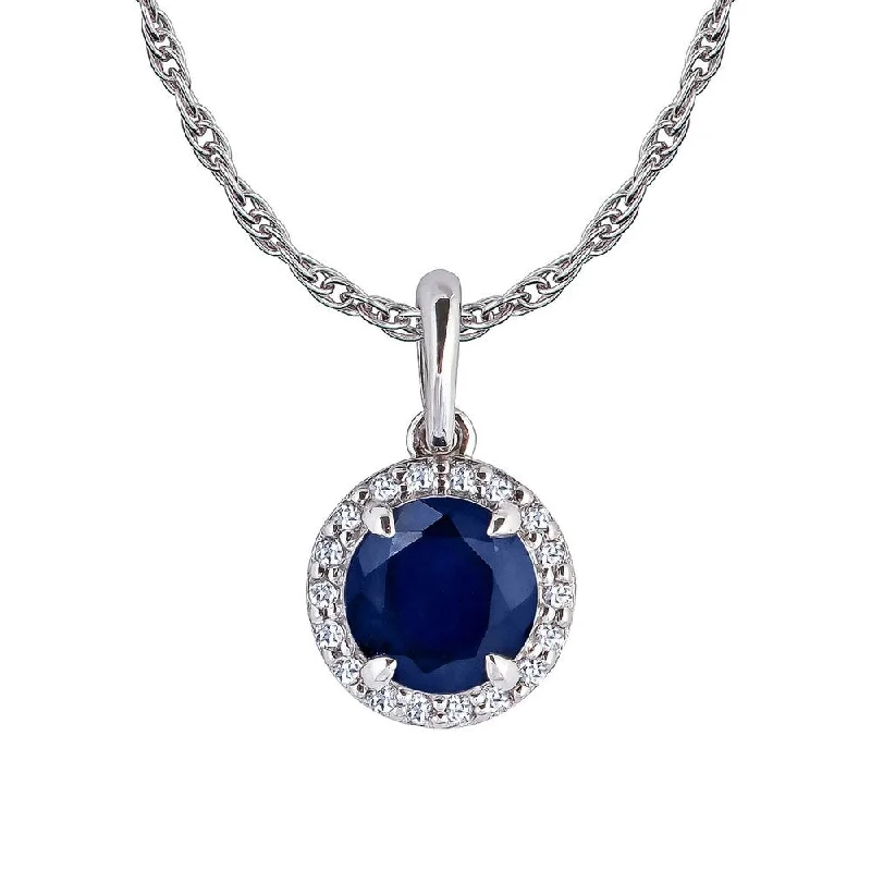 Flat knot necklaces-Viducci 10k White Gold Genuine Round Sapphire and White Topaz Halo Pendant Necklace