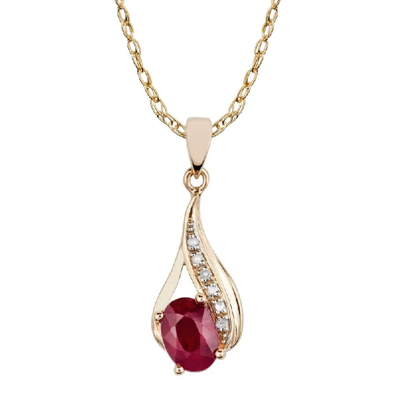 Luxe diamond necklaces-Viducci 10k Yellow Gold Genuine Oval Ruby and Diamond Drop Pendant Necklace