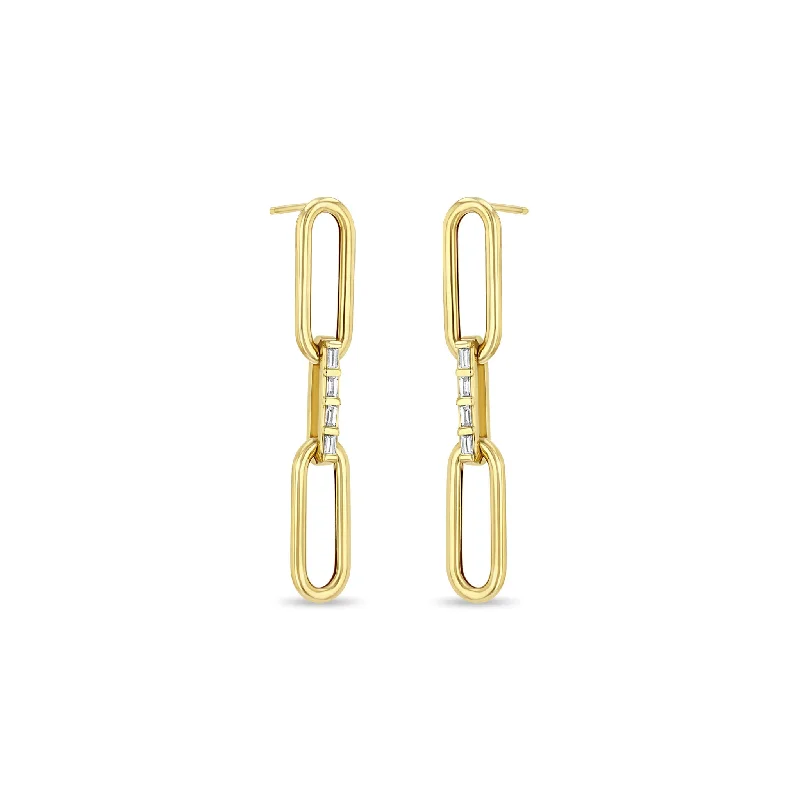 Surf theme earrings-14k Large Paperclip Chain with Baguette Diamond Link Drop Earrings