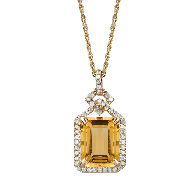 Multi-layer necklaces-Viducci 10k Yellow Gold Genuine Emerald-cut Citrine and 1/4ct Diamond Halo Necklace