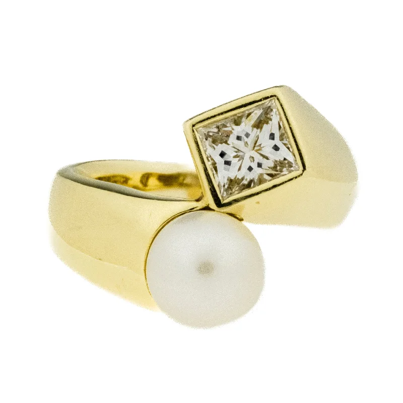 Dove feather engagement rings-8mm White Cultured Pearl & 1.00ct Princess Cut Diamond in 18K Yellow Gold Ring - Size 6.25