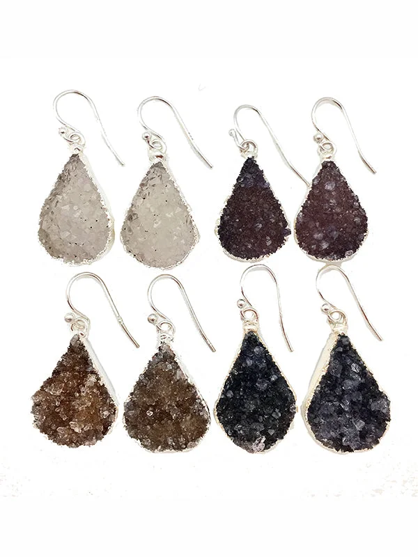 Java tile earrings-Double Druzy Silver Teardrop Earrings