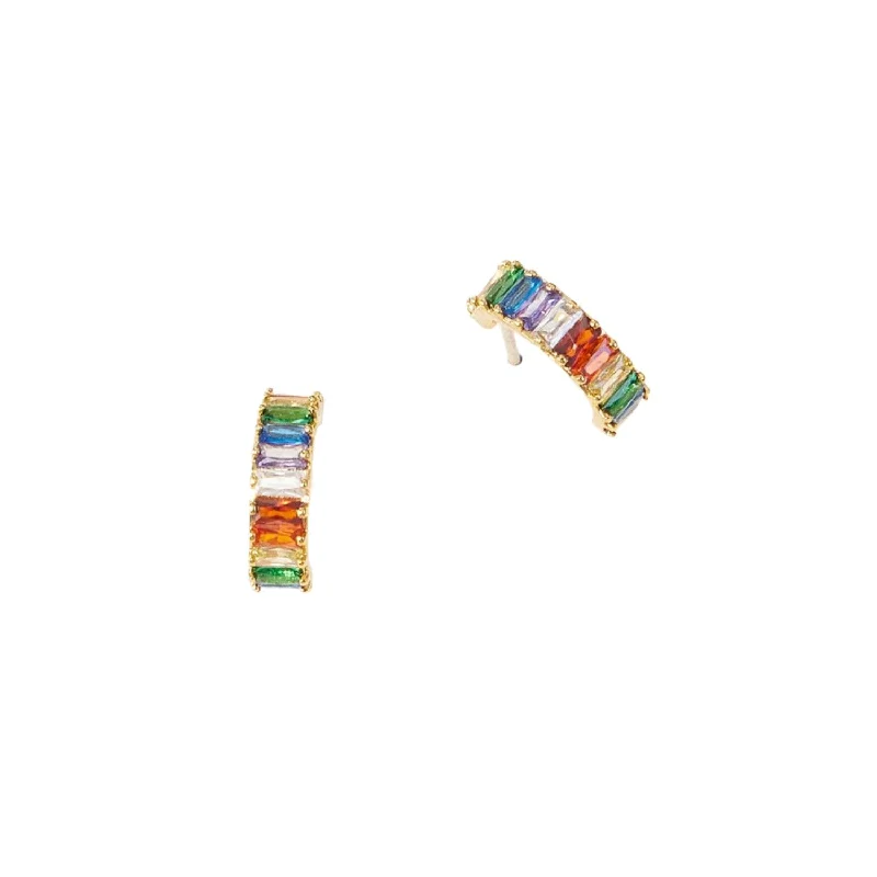 Layered tier earrings-Rainbow Baguette Rhinestone Gold Hoop Earrings