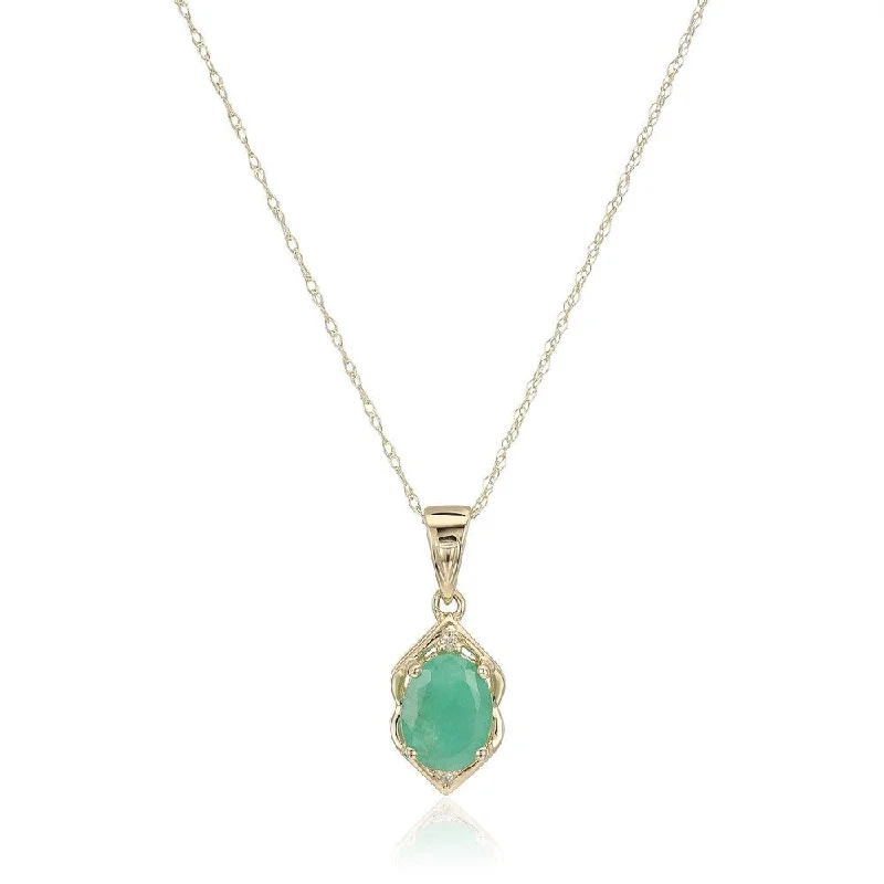 Wave pattern necklaces-10k Yellow Gold Emerald, Diamond Pendant Necklace, 18"+2" Extender - Green