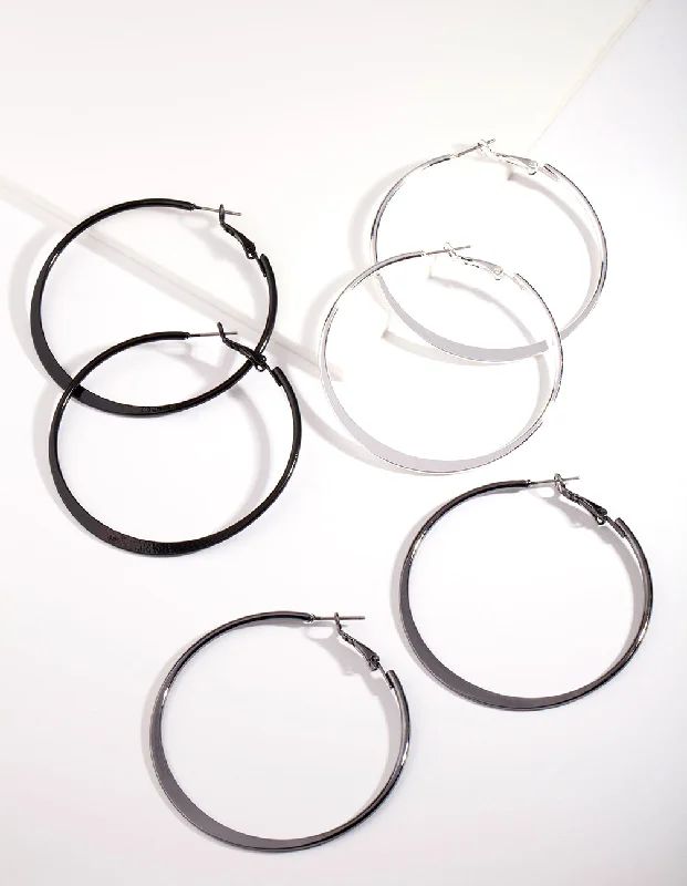 Silk tassel earrings-Silver Flat Edge Hoop Earring Pack