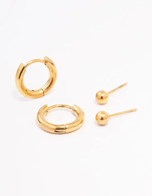 Topaz earrings-Gold Plated Surgical Steel Plain Stud & Huggie Earring Pack