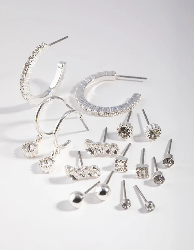 Thick tier earrings-Silver Plain Diamante Stud Earring 8-Pack