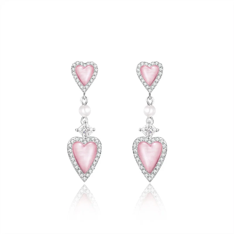 Subtle dangle earrings-FANCIME "Pink Moment" Pink Heart Long Drop Sterling Silver Earrings With White Pearl and CZ Stones