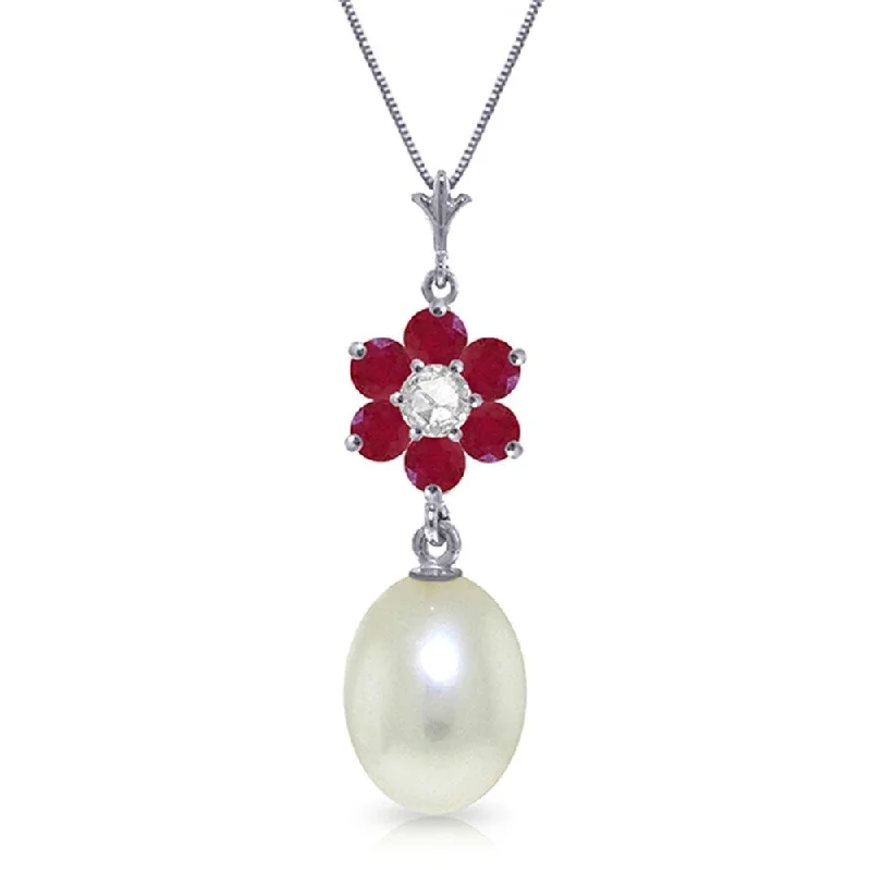 Stamped monogram necklaces-4.53 Carat 14K Solid White Gold Necklace Natural pearl, Ruby Diamond