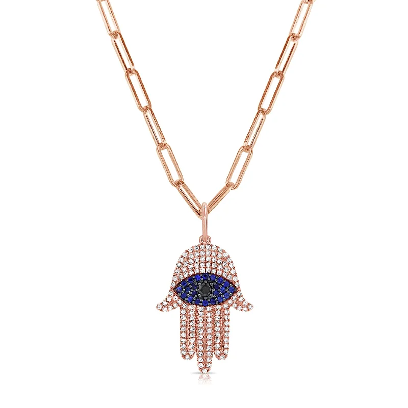 Fiber tassel necklaces-Joelle Diamond Hamsa Necklace Hand of God 14K Rose Gold on 18-inch Paperclip Chain