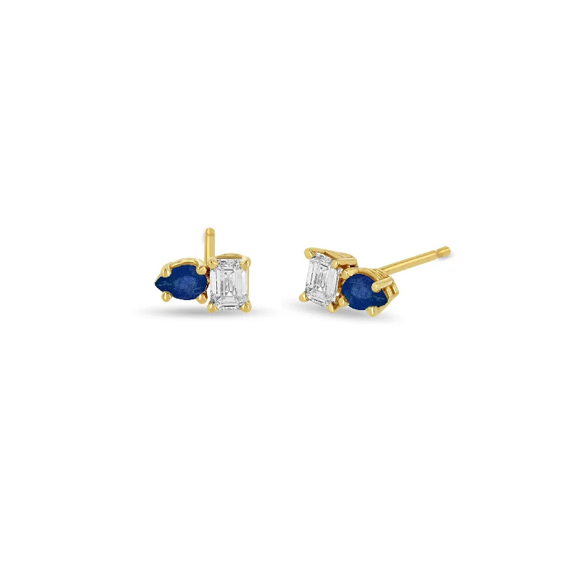 Tiny wing earrings-14k Pear Blue Sapphire & Emerald Cut Diamond Studs