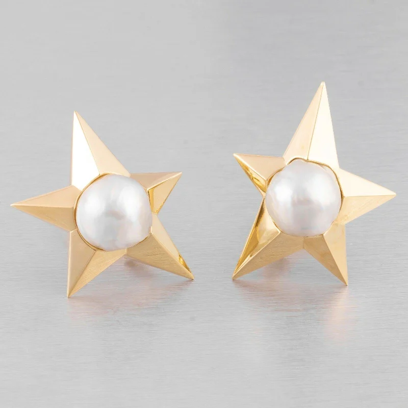 Textured disc earrings-Pedro Boregaard 18k Yellow Gold Pearl Moon & Star Clip-on Earrings RETAIL $9,900