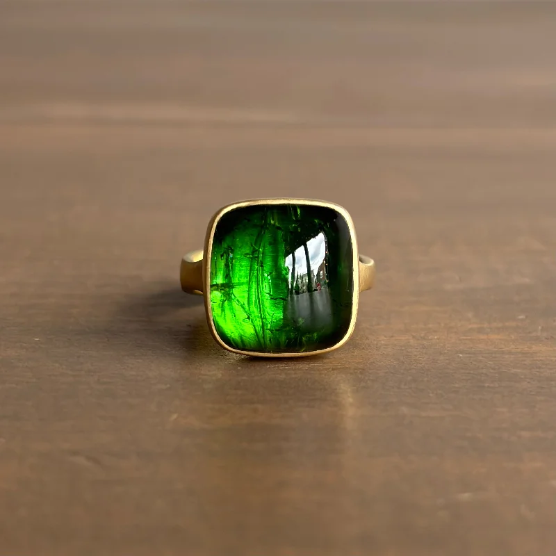 Square Forest Green Tourmaline Cabochon Cast Ring