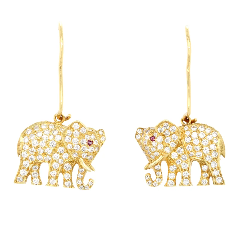 Textured disc earrings-Vintage 1.50ctw Diamond & Ruby Eyed Elephant Dangle Earrings in 18k Yellow Gold