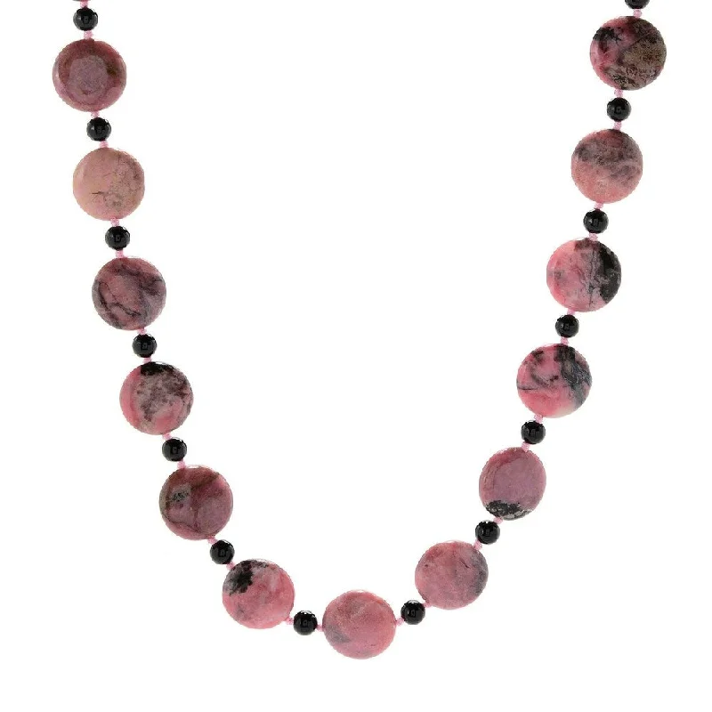 Vivid druzy necklaces-28" 18mm Coin Shaped Rhodonite & Onyx Beaded Endless Necklace