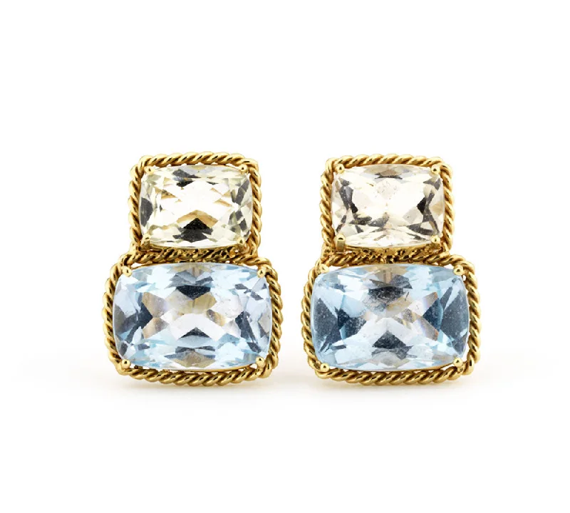 Spinel earrings-18kt Yellow Gold Green Amethyst & Blue Topaz Cushion Earrings with Twisted Rope Border